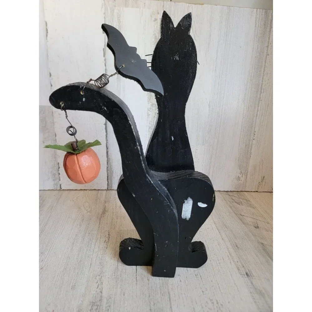 Unique‎ wooden black cat bat Halloween home decor figure